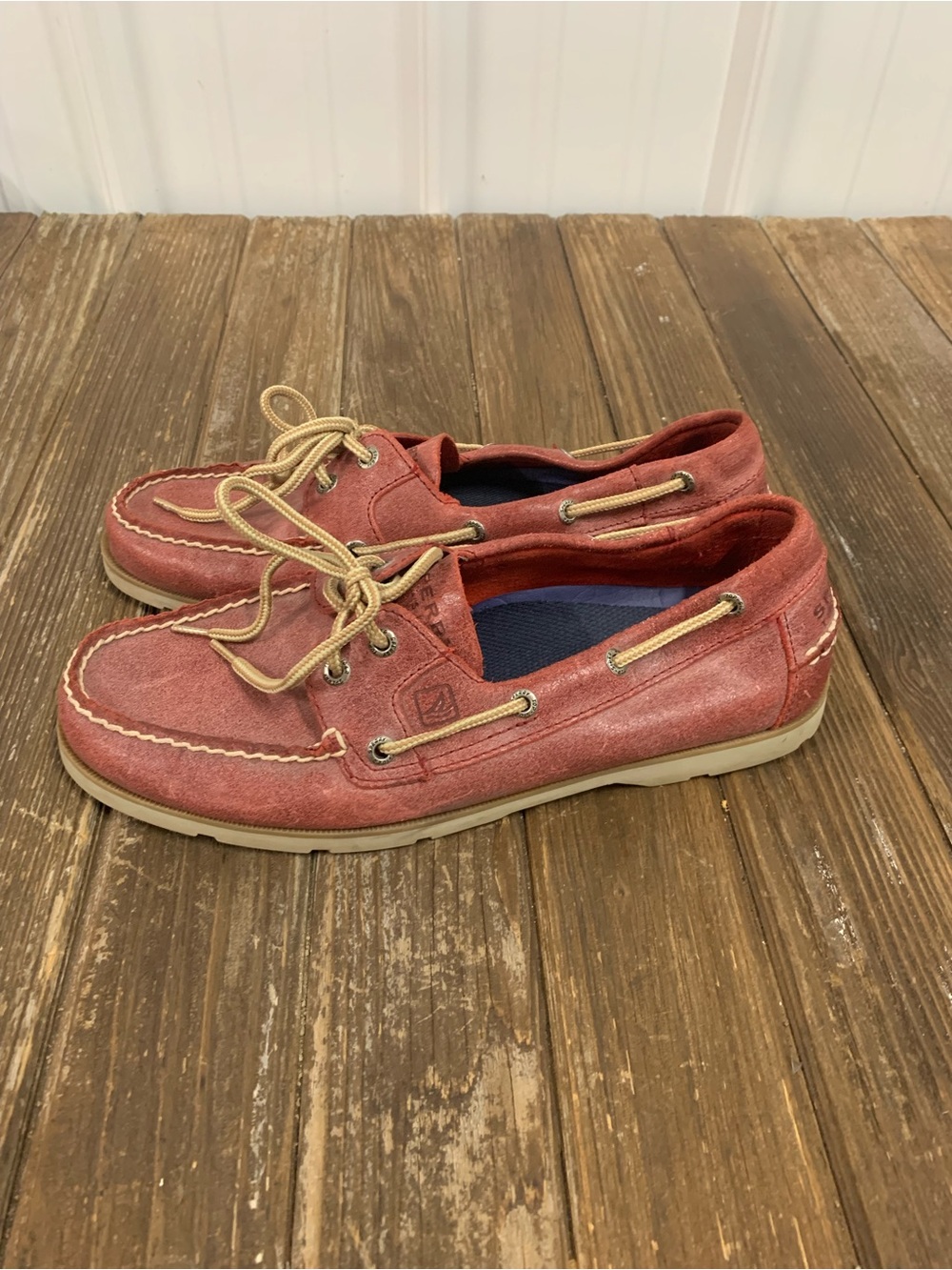 Sperry Distressed Red Leather Boat Shoes with Tan Laces